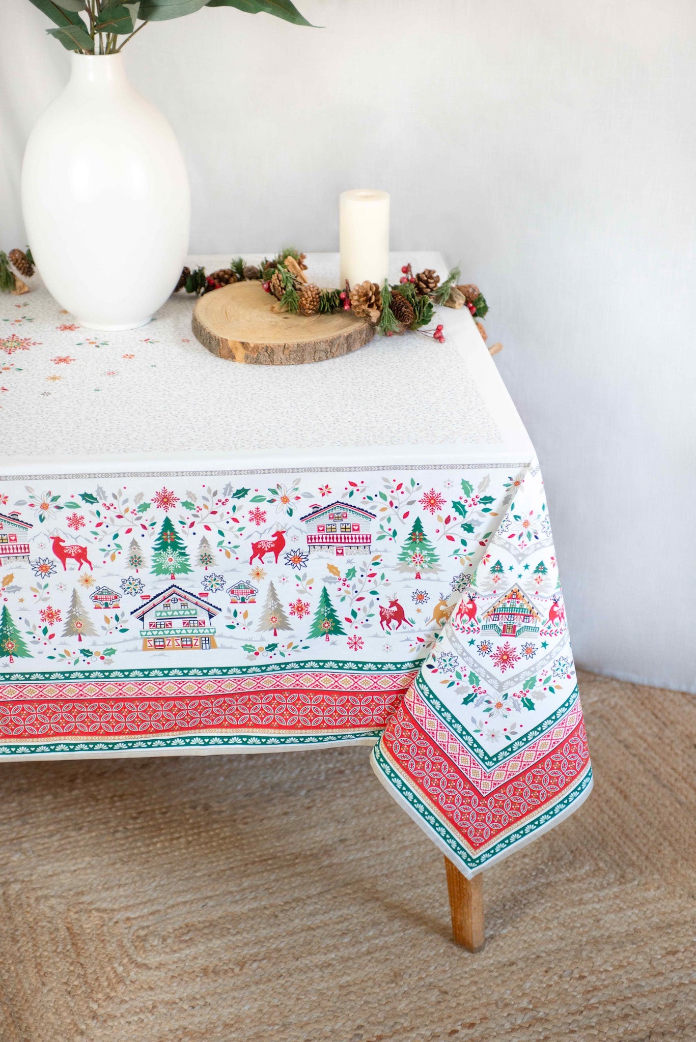 Cervin Red Green Coated Tablecloth 60” X 98”
