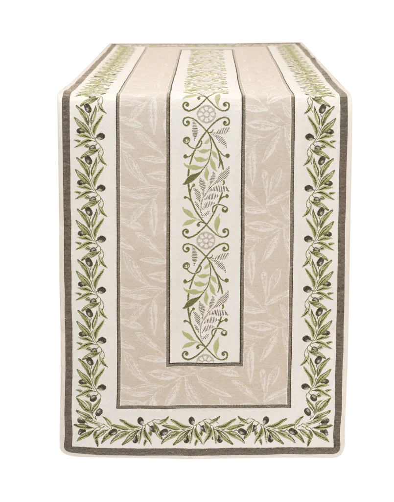 Auriol Olive Twigs Linen Green French Jacquard Table Runner