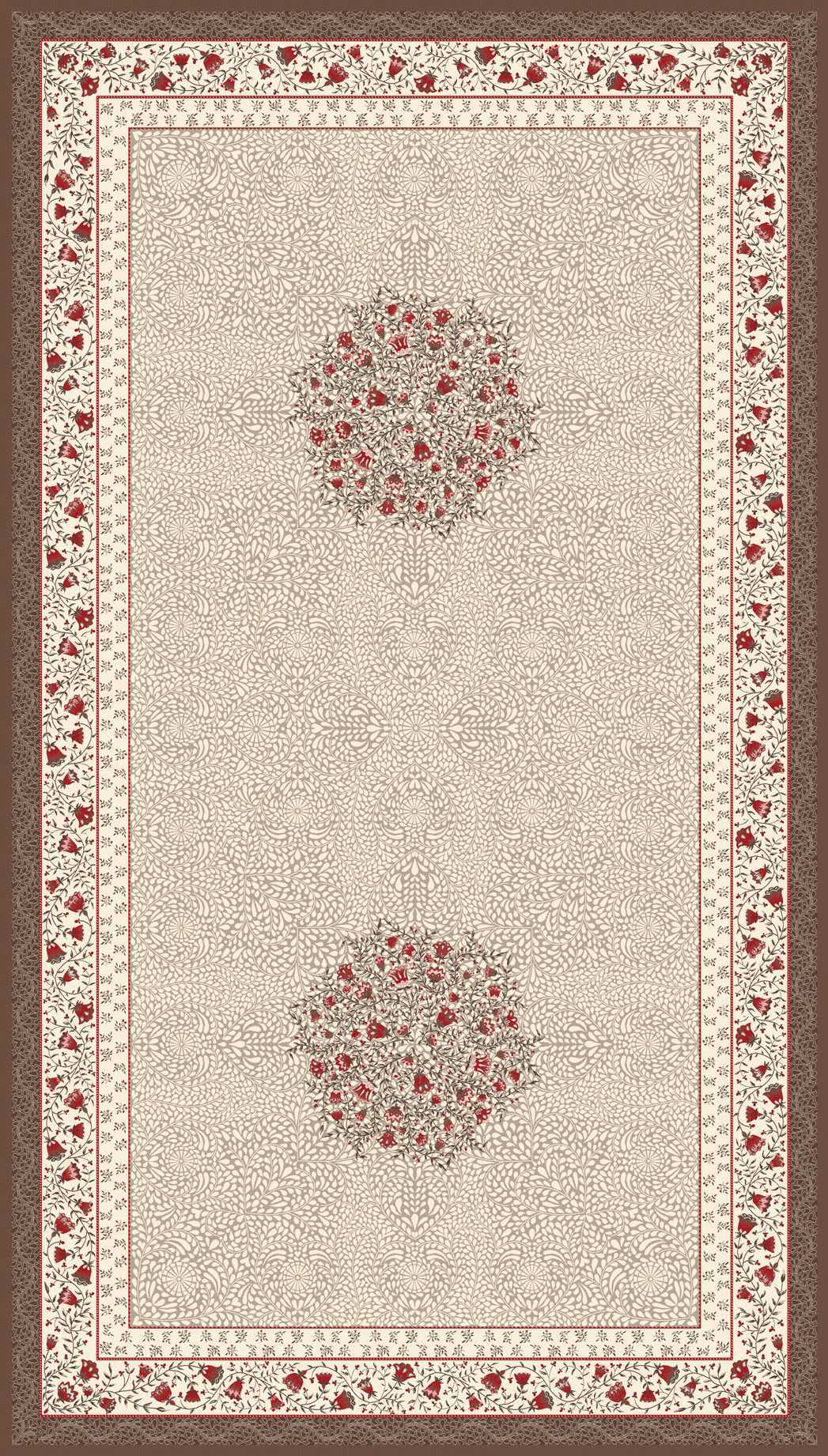 Aubrac Taupe Red French Jacquard Tablecloth 56” X 98”