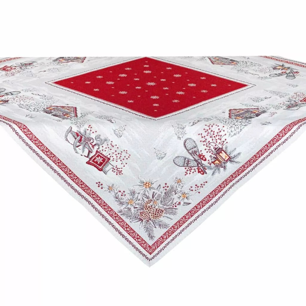 Savoie Red Holiday Square French Jacquard Table Cover 39” X 39”