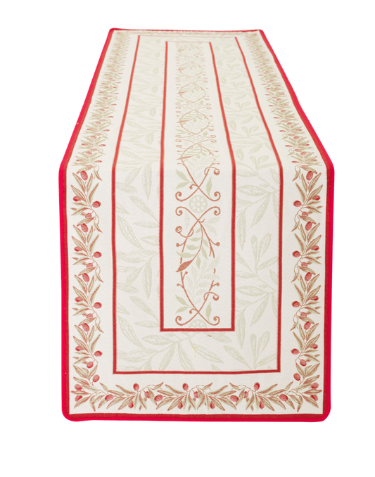 Auriol Olive Twigs Red French Jacquard Table Runner