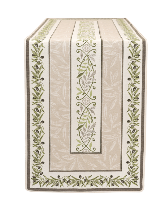 Auriol Olive Twigs Linen Green French Jacquard Table Runner