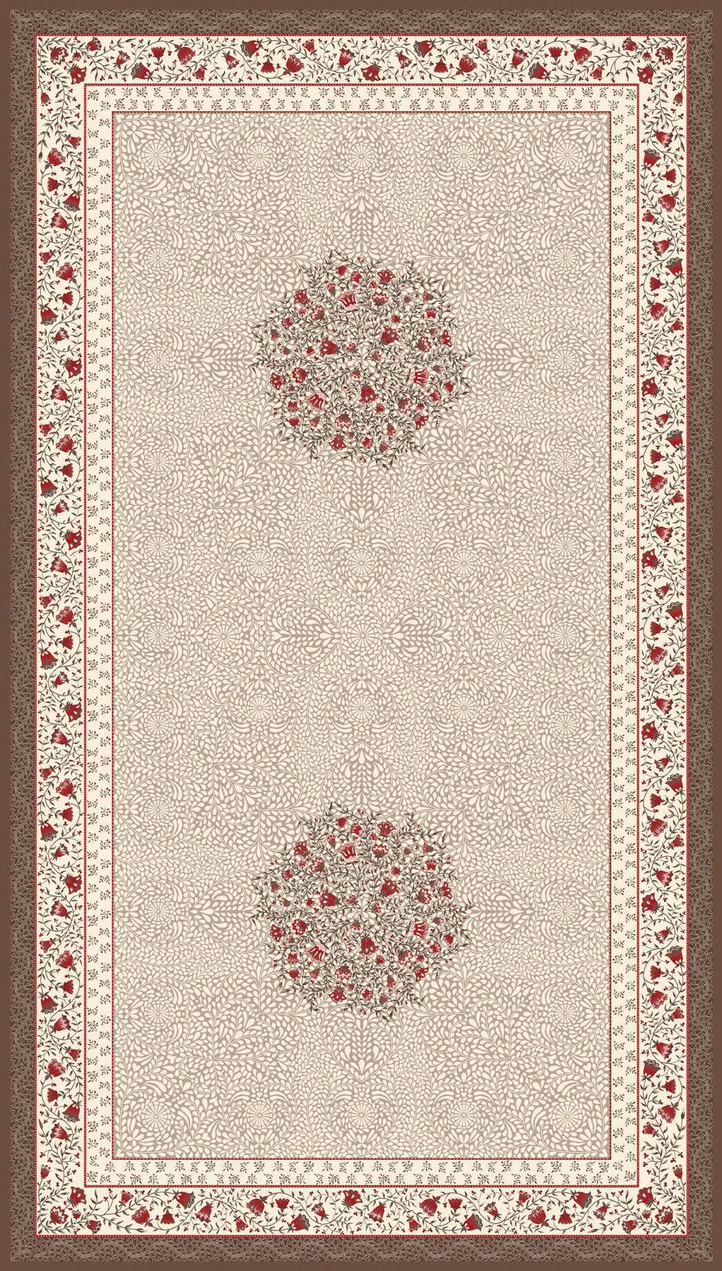 Aubrac Taupe Red French Jacquard Tablecloth 56” X 98”