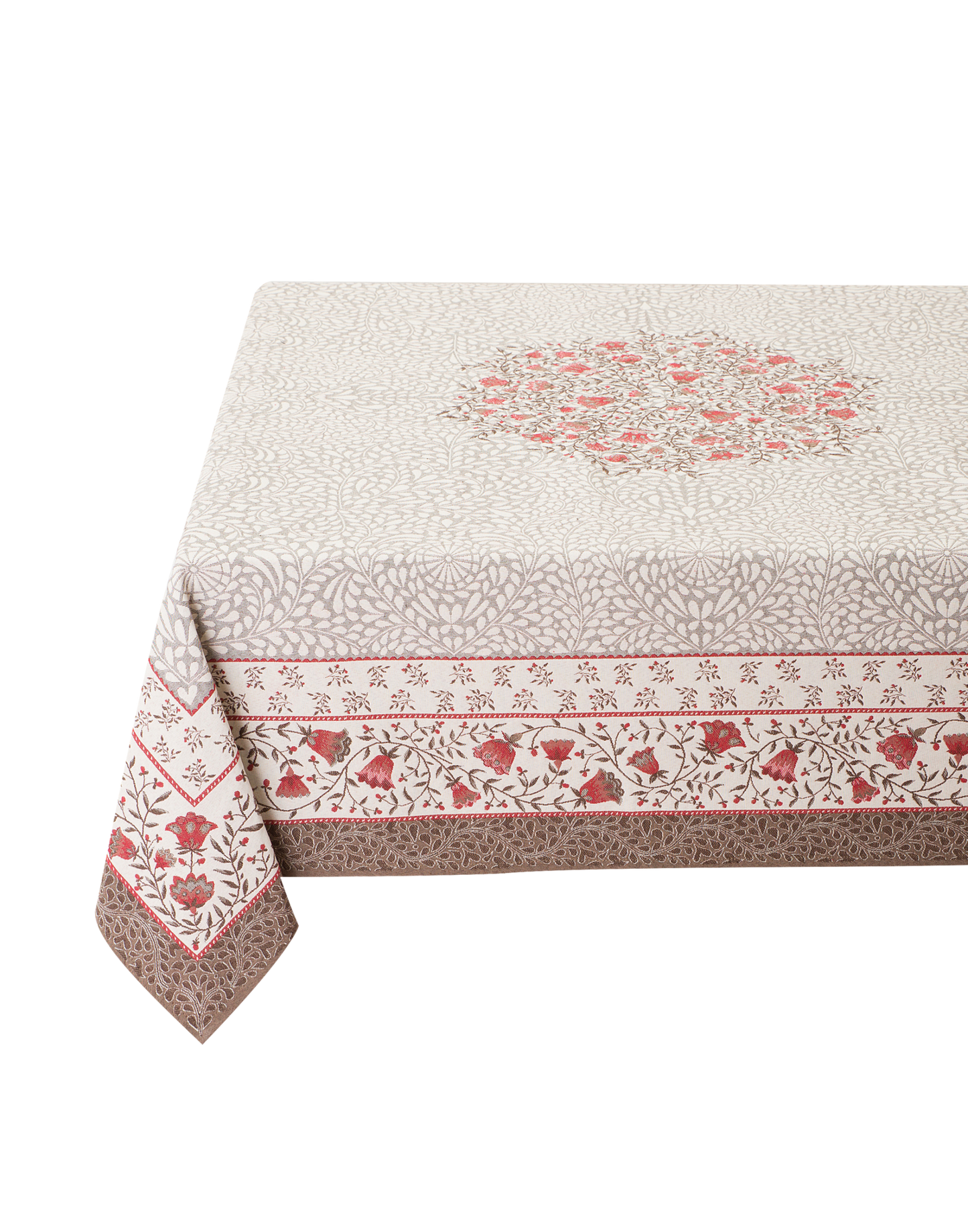 Aubrac Taupe Red French Jacquard Tablecloth 56” X 98”